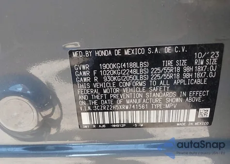 2024 Honda Hr-V Awd Sport/Awd Sport W/O Bsi z USA, uszkodzony, nr VIN 3CZRZ2H5XRM741561